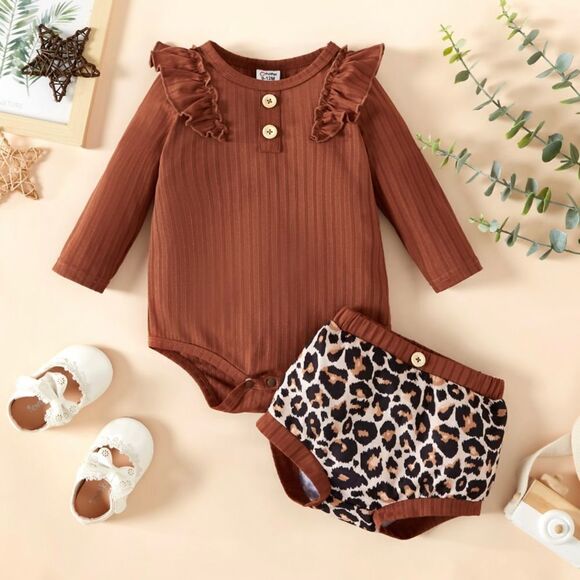 NWT Size 6-9 months, 2 piece baby girl romper set, ribbed, brown long sleeved - Picture 1 of 5